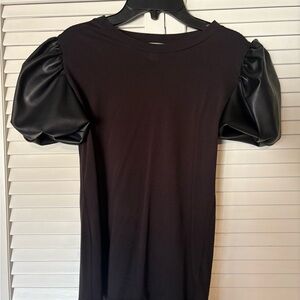 Black Top with Faux Leather Puff Sleeves